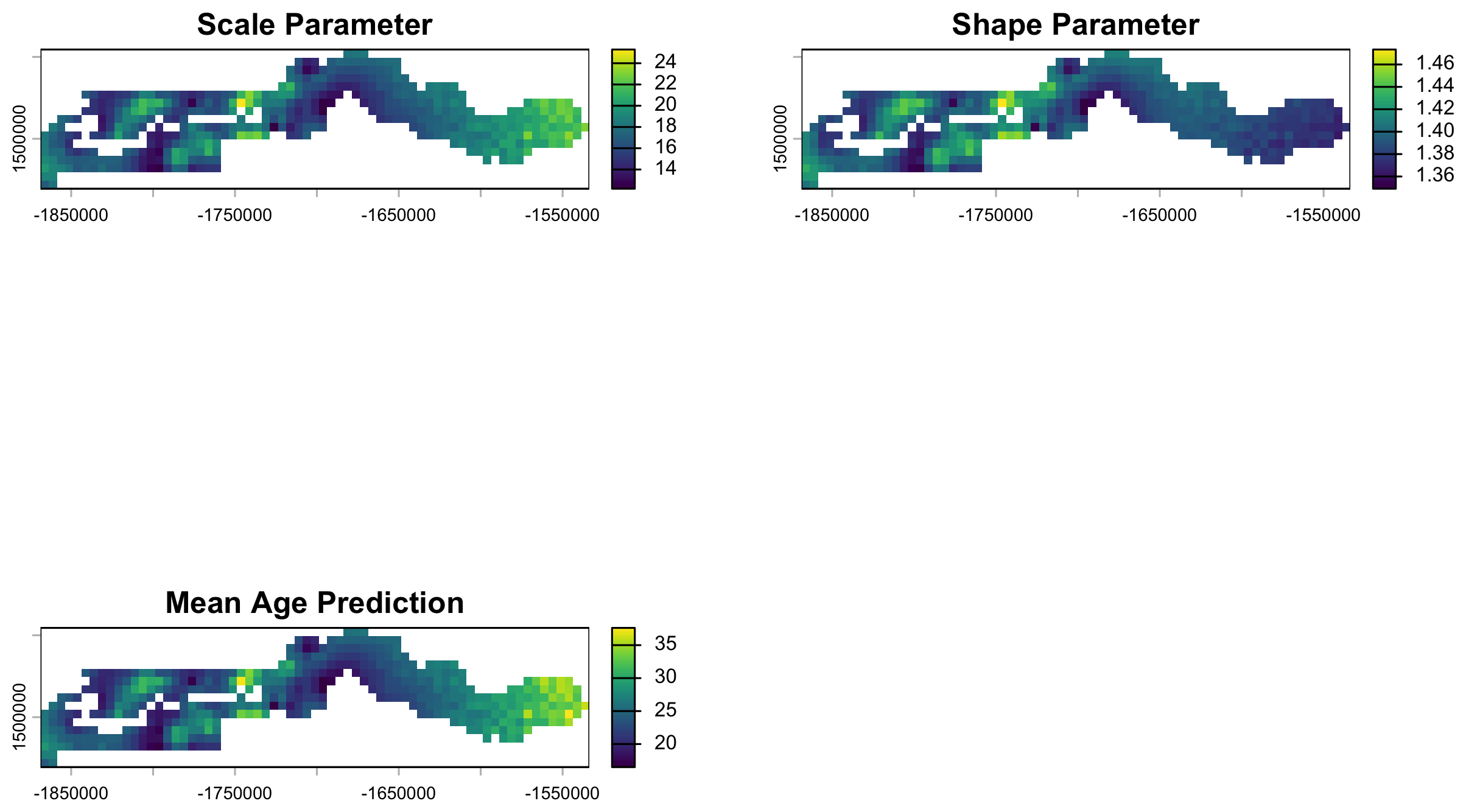 Predicted scale and shape parameter surfaces and mean age prediction for The Gambia (simulated data)